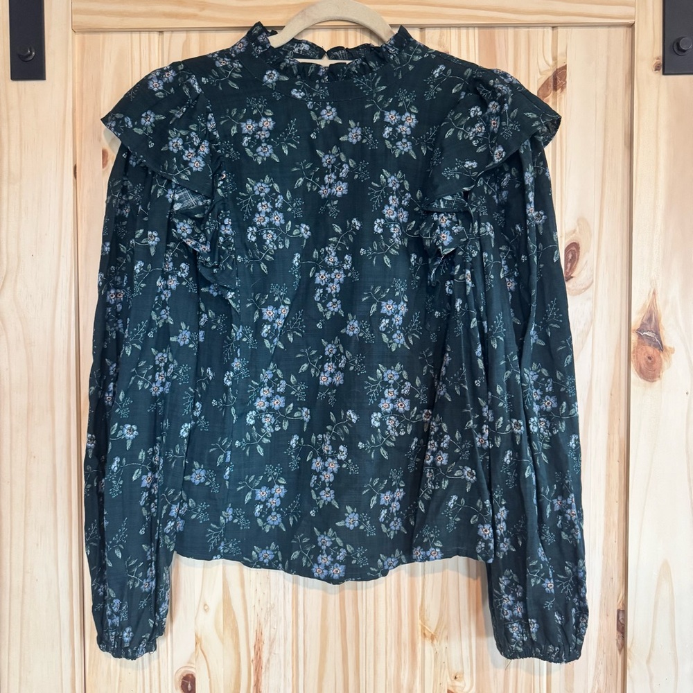 Floral Ruffle Green Long Sleeve Prairie Top size Large - Picture 5 of 8